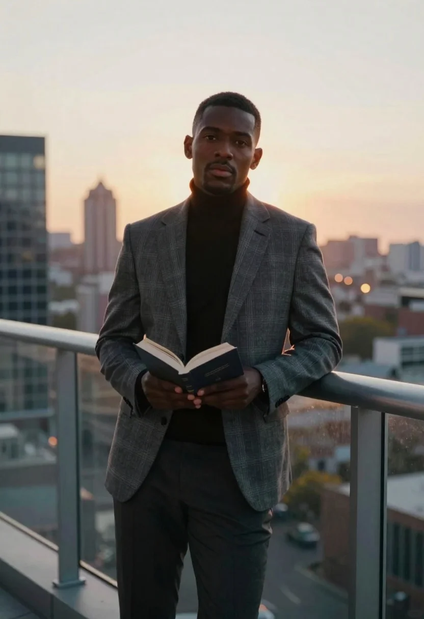 Man on balcony overlooking city skyline at sunset