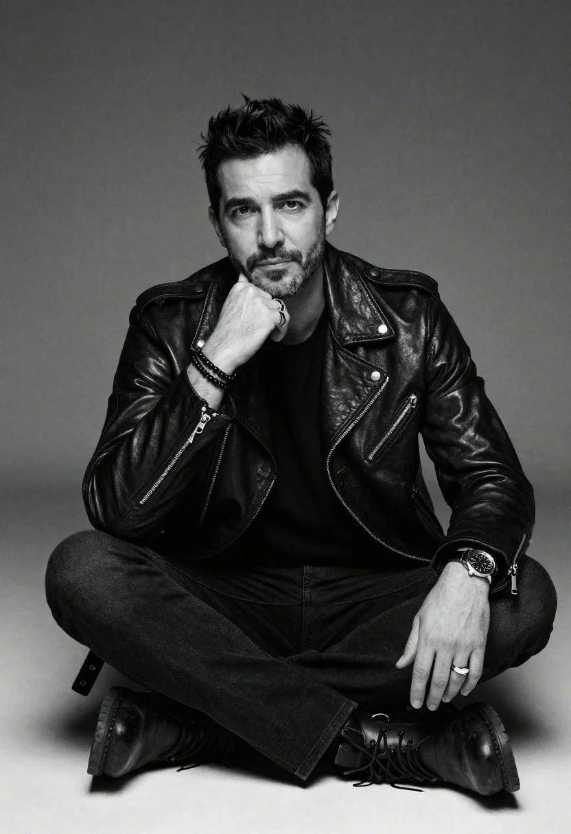 Black and white portrait of man in biker jacket