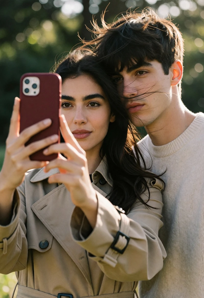 Close up selfie of couple in beige trench coat outdoors with foliage - AI generated image prompt sample