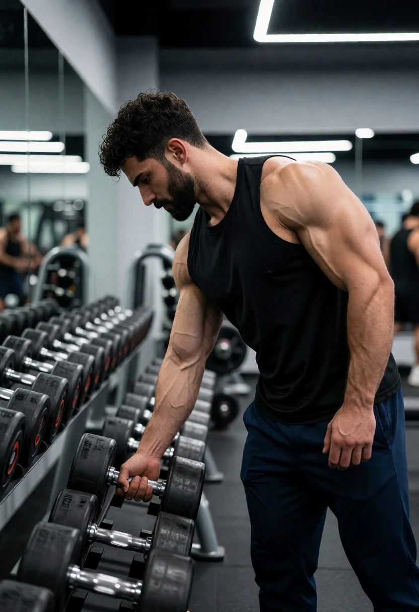 Muscular man grabbing dumbbell in modern gym setting with cool lighting - AI generated image prompt sample
