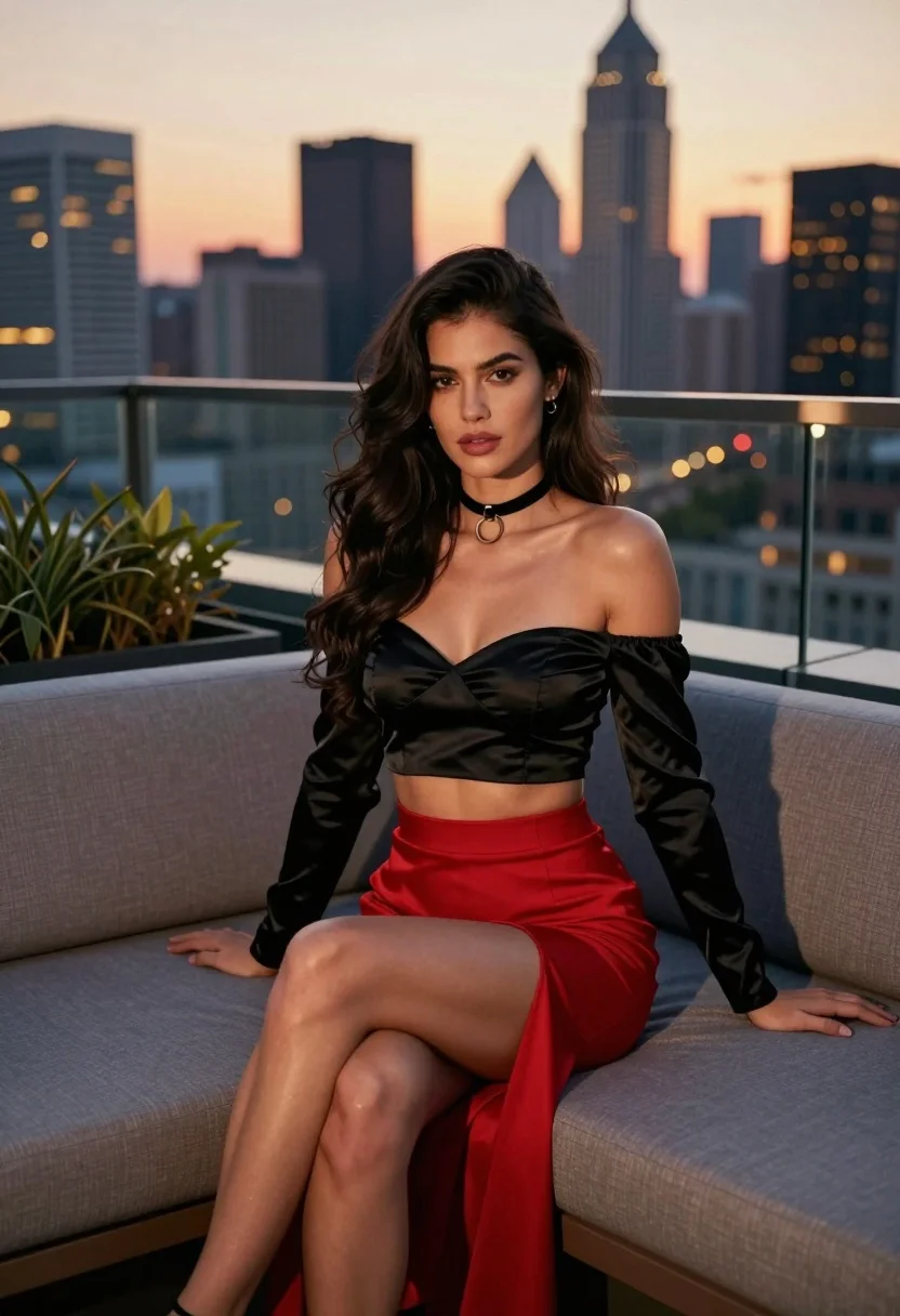 Glamorous woman seated on rooftop lounge sofa overlooking vibrant city skyline at - AI generated image prompt sample