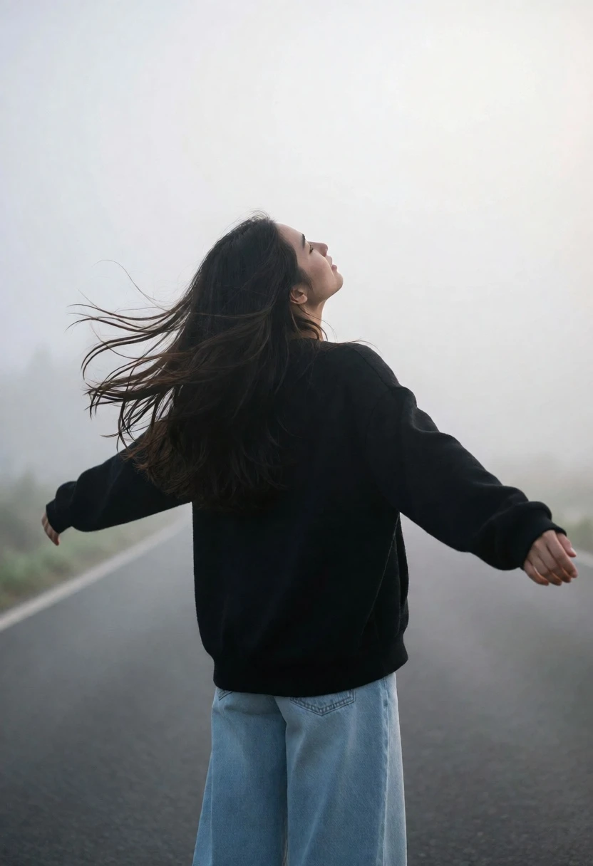 Woman standing on foggy road with outstretched arms looking up into sky - AI generated image prompt sample