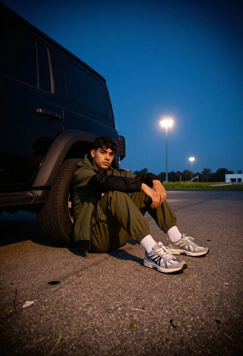 Young man sitting by black suv on asphalt at blue twilight - AI generated image prompt sample
