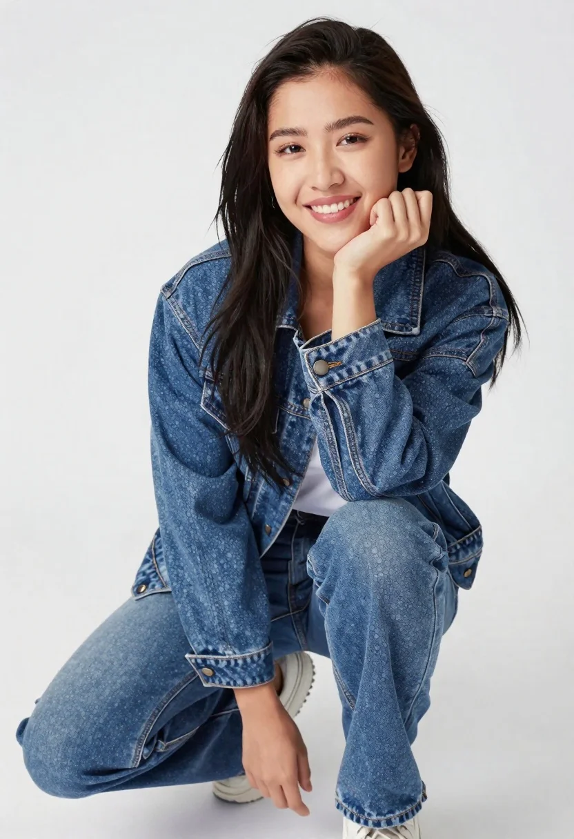 Young woman in denim jacket crouching on plain white studio background