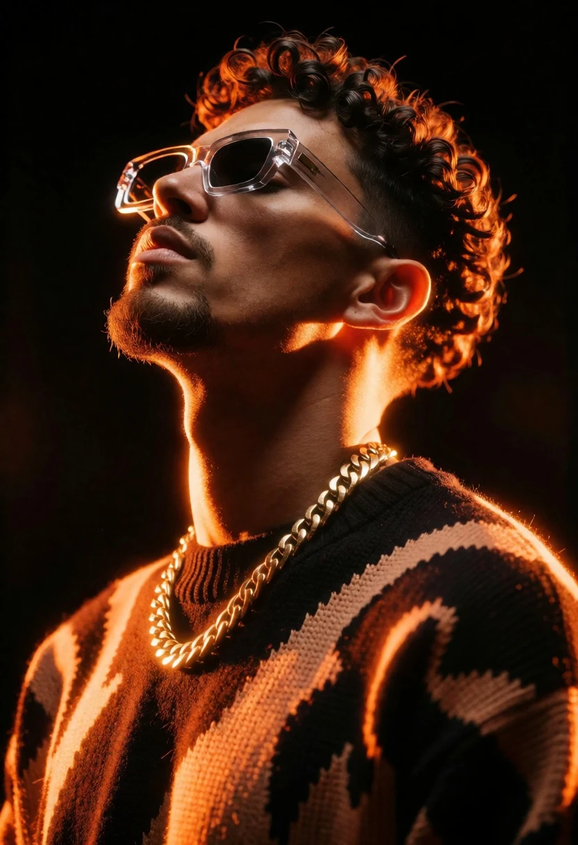 Low angle portrait of man with curly hair against pitch black background - AI generated image prompt sample