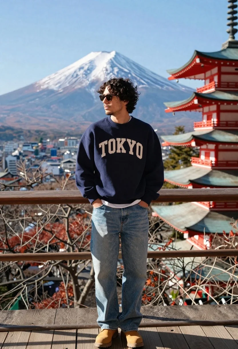 Young man standing on wooden deck overlooking mount fuji and red pagoda - AI generated image prompt sample