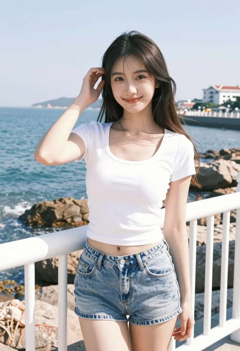 Young woman smiling on seaside pier with ocean view and white railing - AI generated image prompt sample