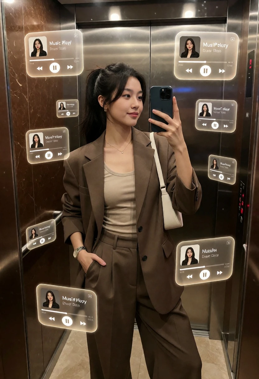 Young woman taking mirror selfie in modern elevator with holographic interfaces - AI generated image prompt sample