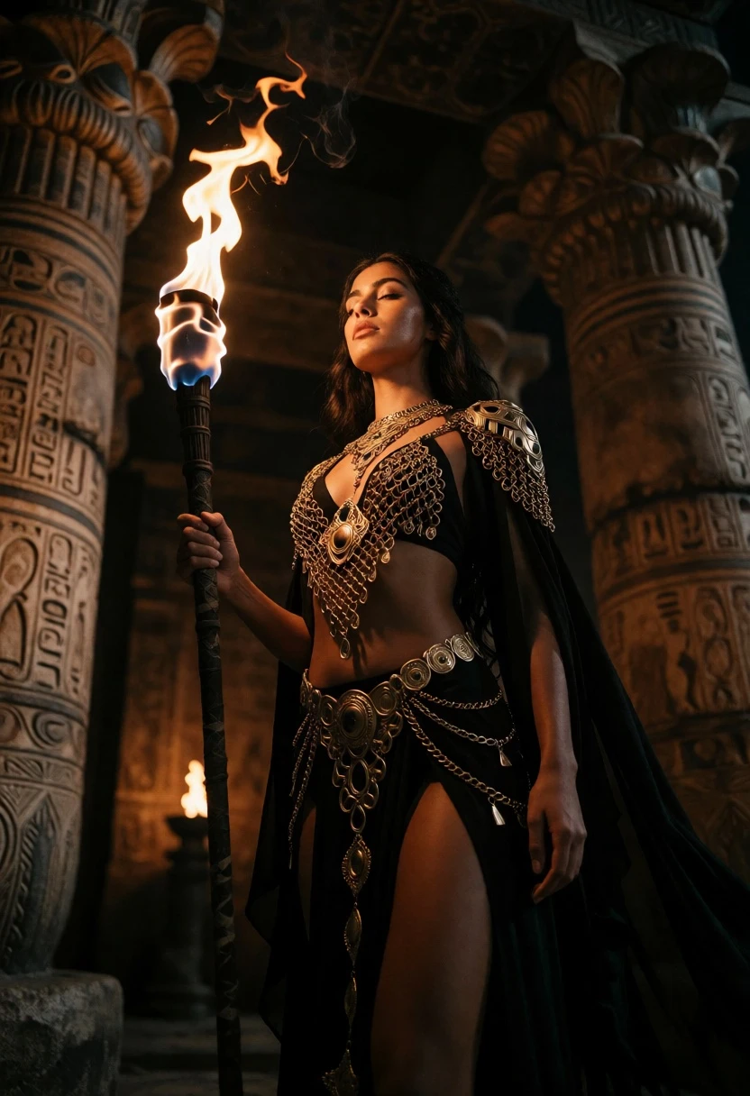 Woman holding burning torch in dimly lit ancient stone temple interior - AI generated image prompt sample