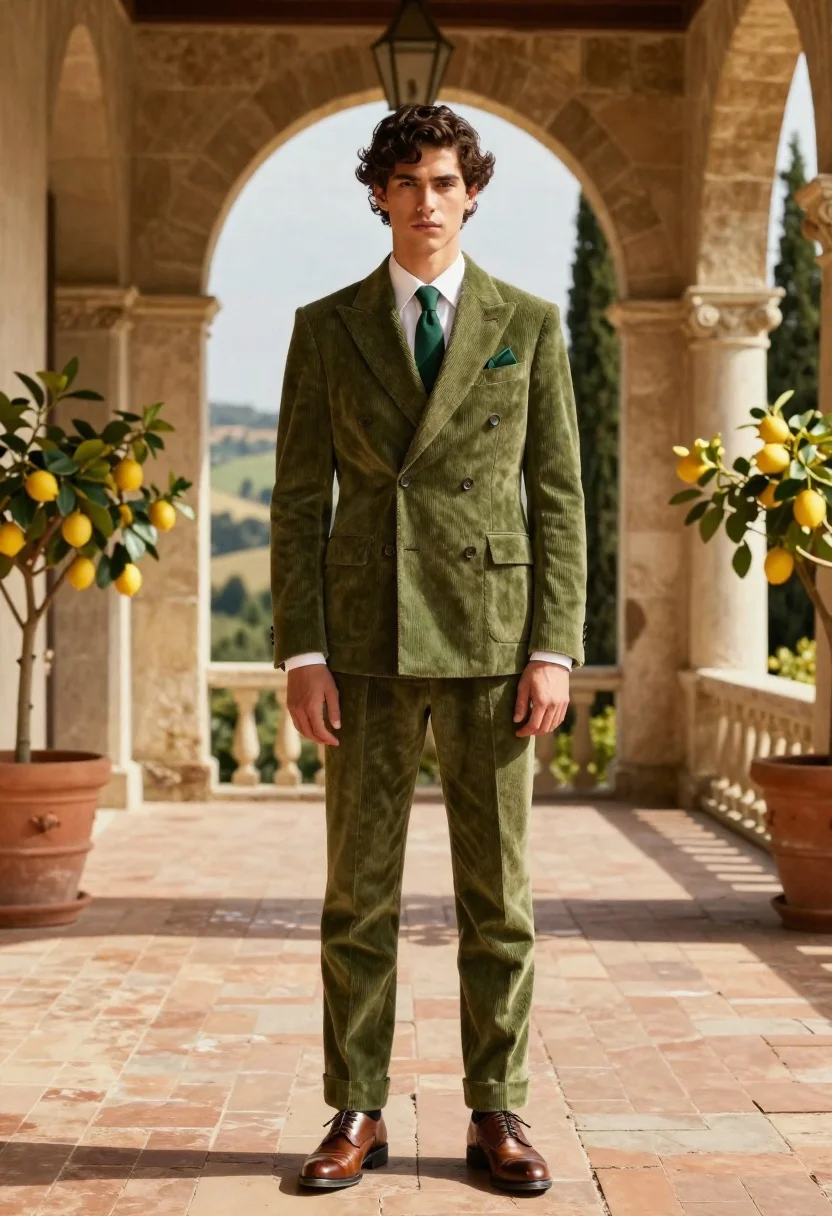 Handsome young man in olive suit on sunlit architectural terrace - AI generated image prompt sample