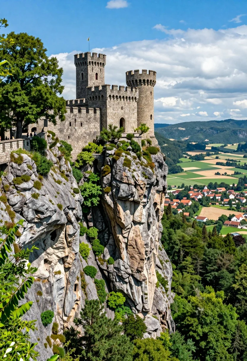 Majestic medieval castle on rocky cliff overlooking vast valley landscape - AI generated image prompt sample