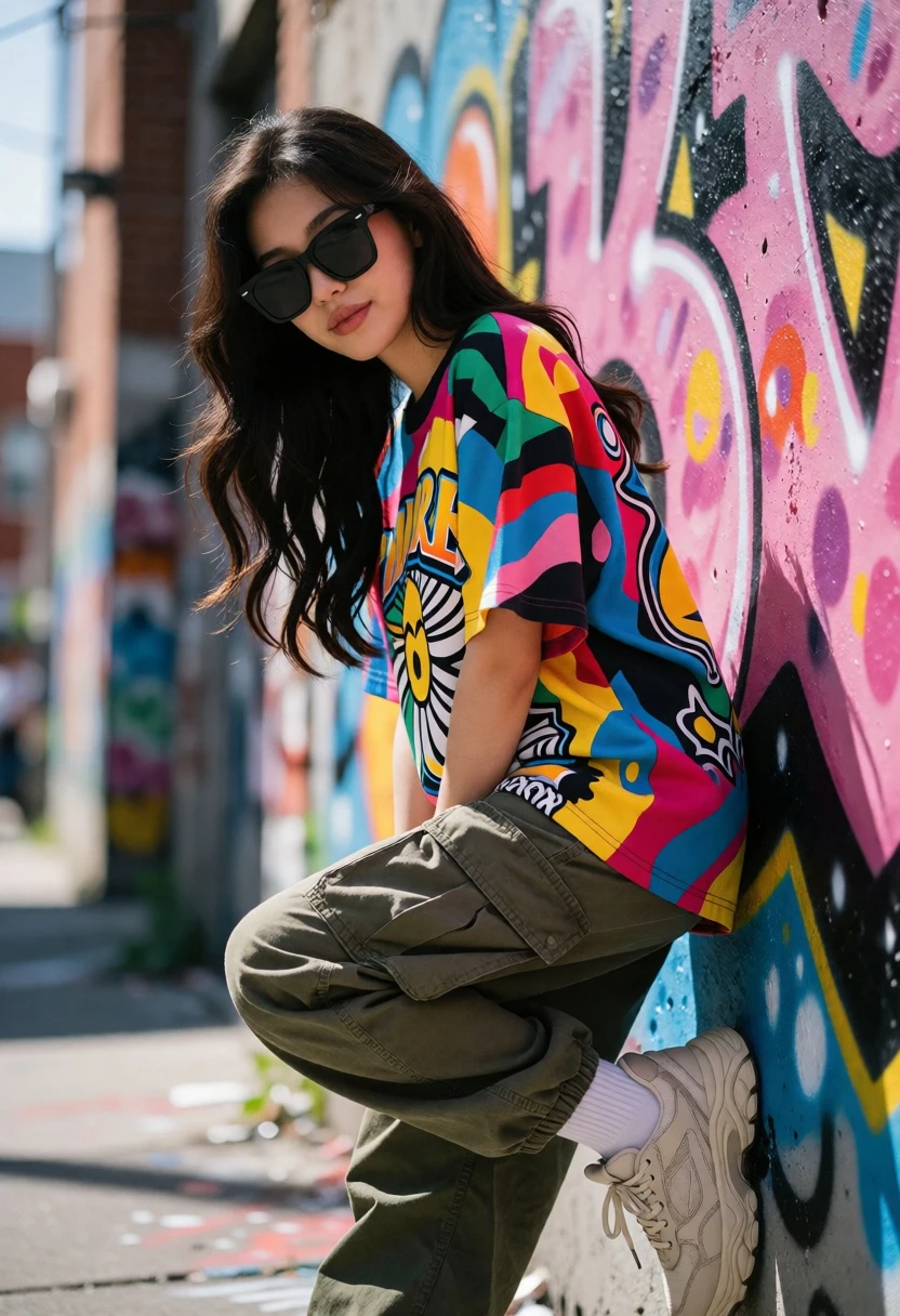 Young woman in streetwear leaning against graffiti wall in urban alleyway - AI generated image prompt sample