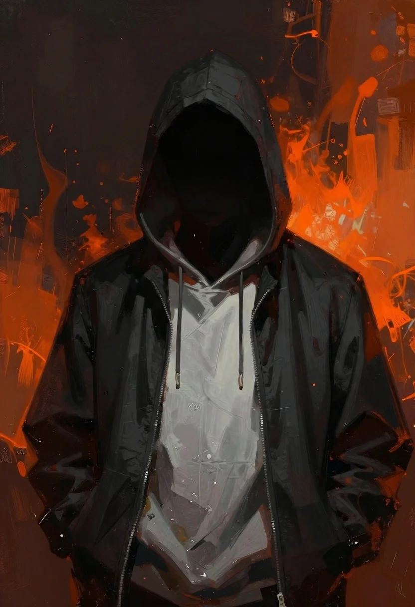 Hooded figure against abstract smoky and fiery backdrop