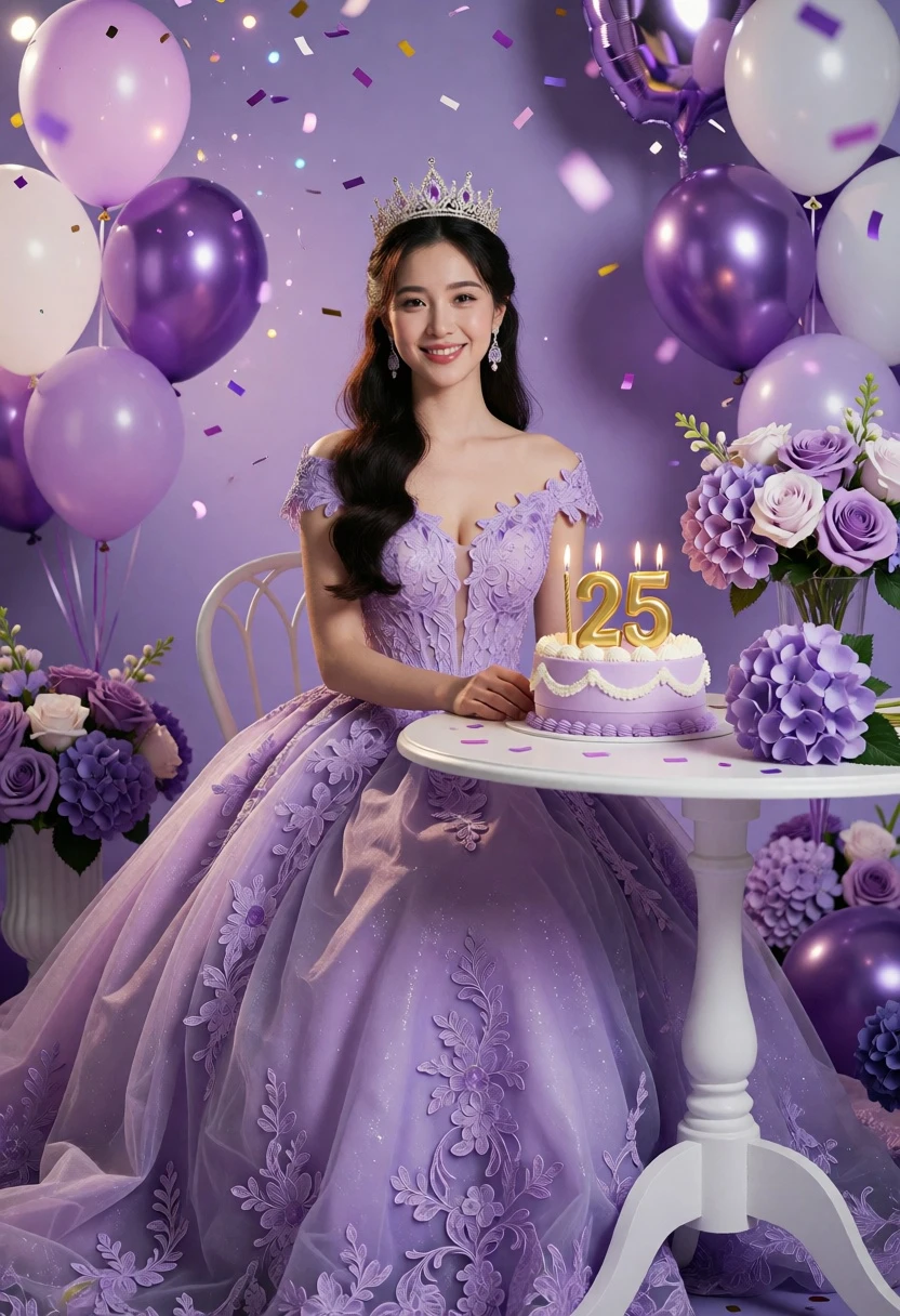 Young woman in lavender ballgown sitting at table with birthday cake - AI generated image prompt sample