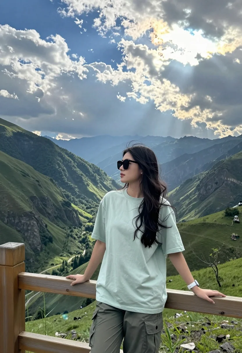 Young woman leaning on railing overlooking lush green mountain valley under dramatic - AI generated image prompt sample