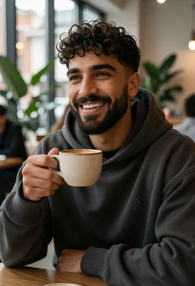 Smiling man with dark curly beard in modern cafe holding ceramic mug - AI generated image prompt sample