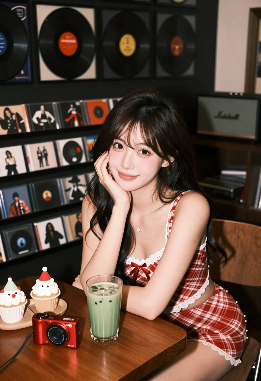 Young woman in plaid outfit sitting at wooden table surrounded by music - AI generated image prompt sample
