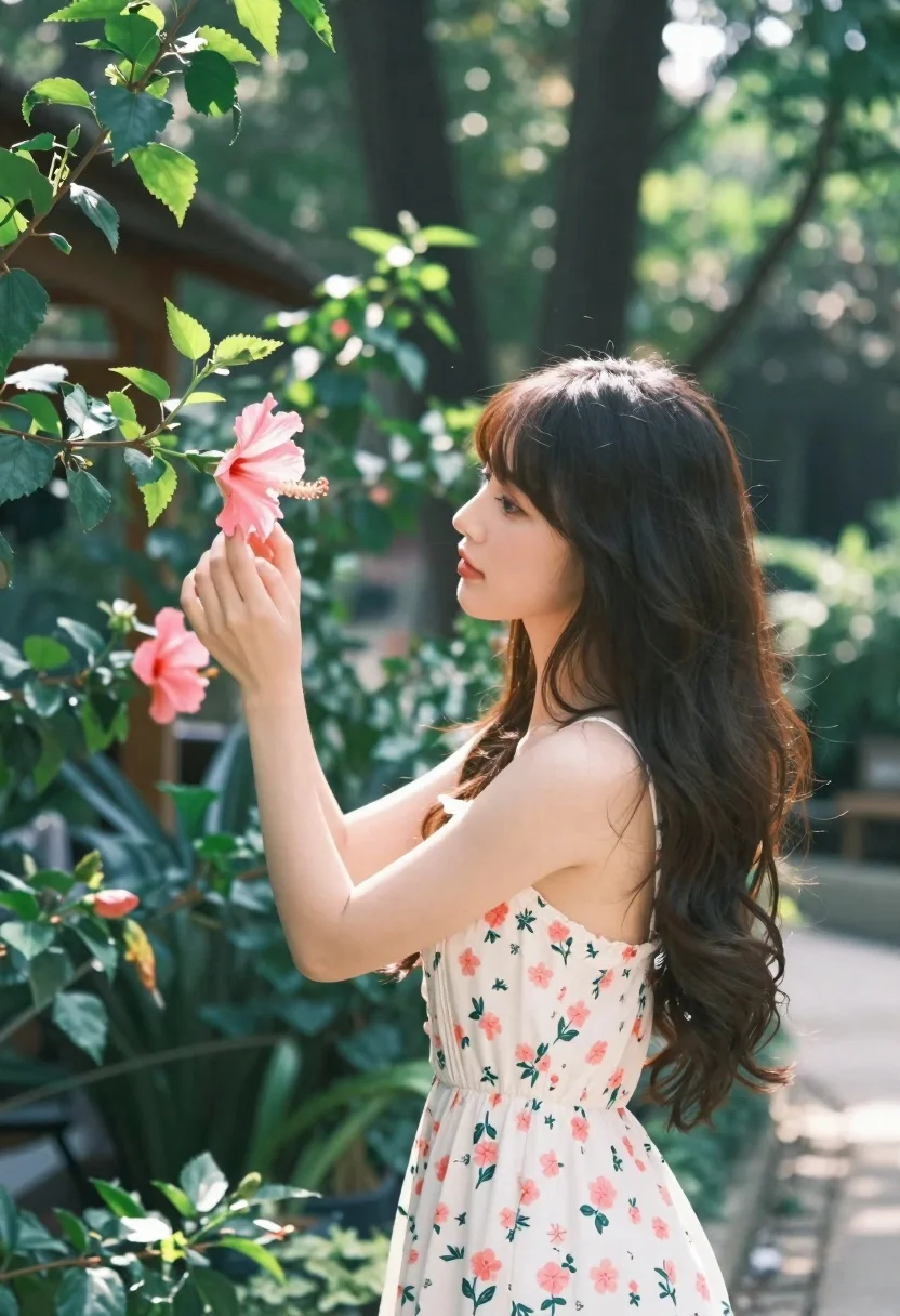 Woman touching pink hibiscus flower in lush garden setting