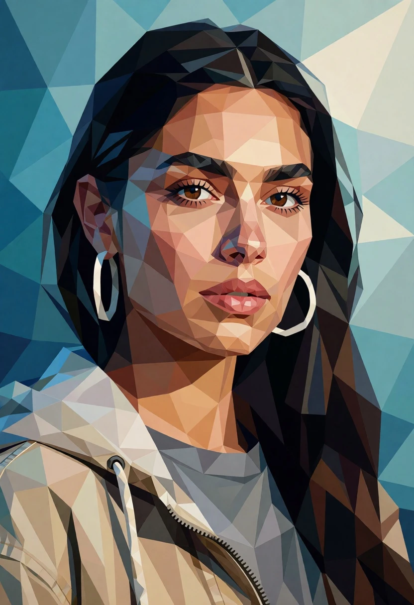 Low poly portrait of woman with dark hair against geometric blue background - AI generated image prompt sample