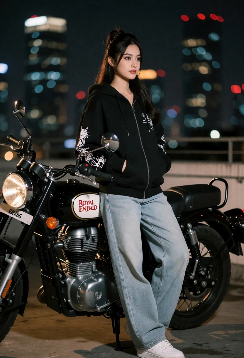 Young woman leaning on black motorcycle on urban rooftop at night - AI generated image prompt sample