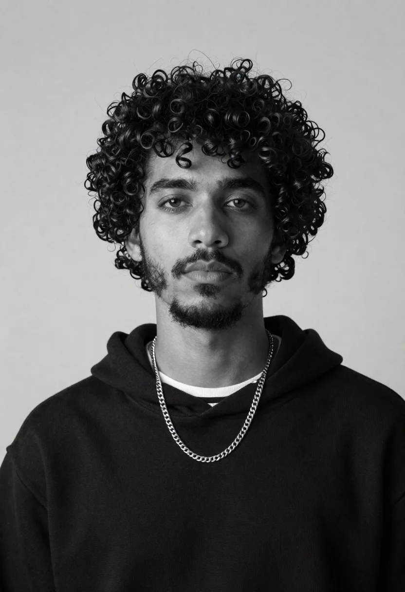 Black and white medium close up portrait of young man with curly - AI generated image prompt sample