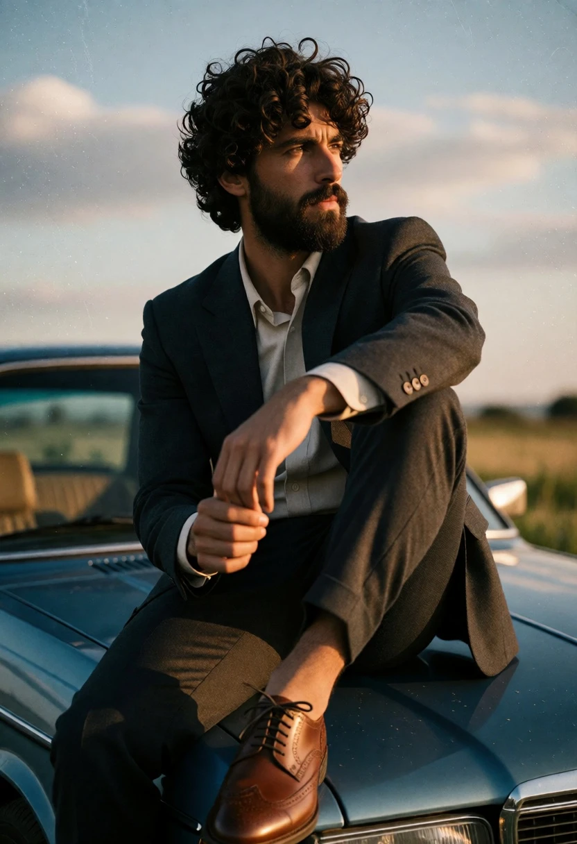 Man in charcoal suit sitting on vintage blue car hood at golden - AI generated image prompt sample