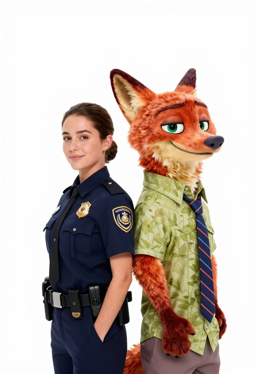 Woman in police uniform stands with fox wearing shirt against white studio - AI generated image prompt sample