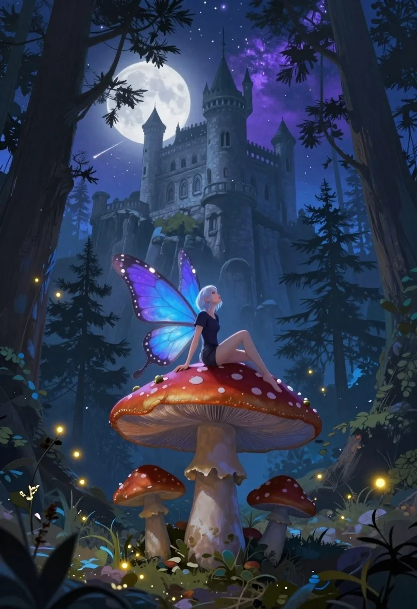 Fairy on mushroom with pine trees and stone castle - AI generated image prompt sample
