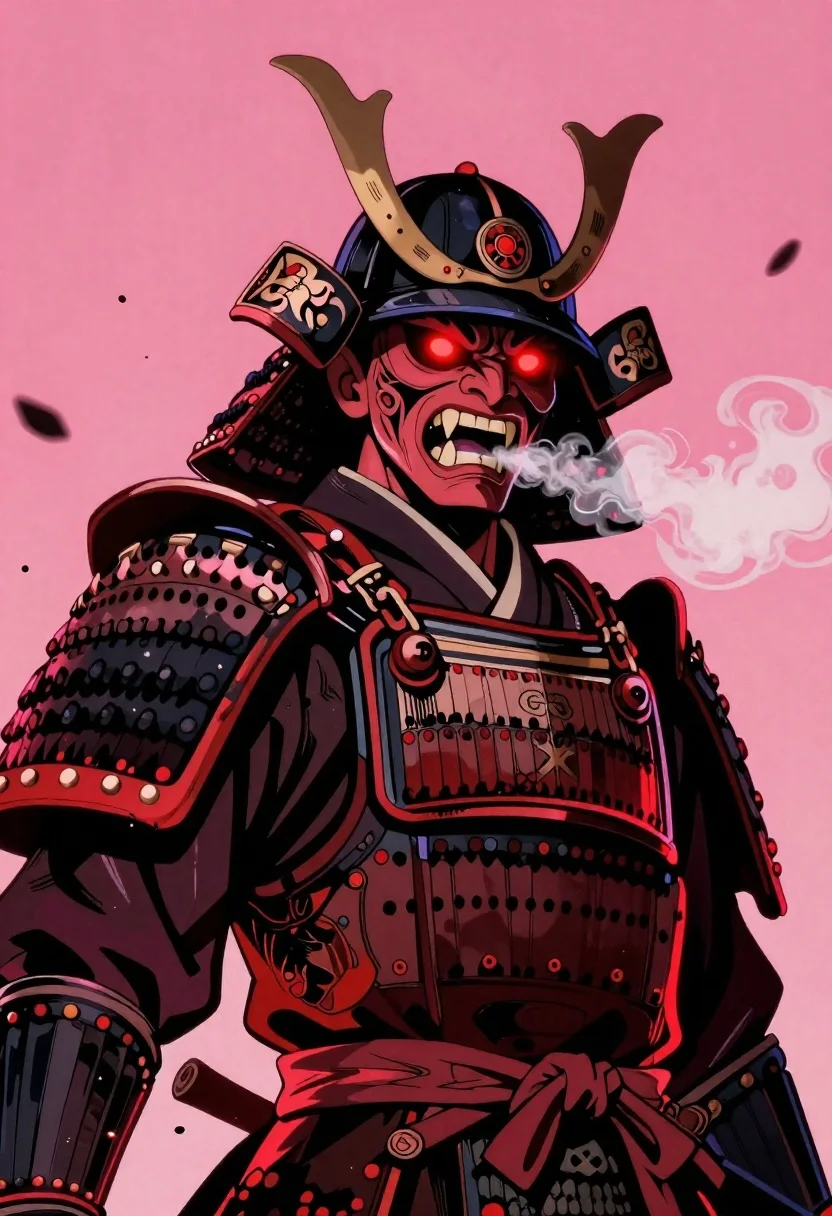 Samurai warrior roaring in dark armor against pink background - AI generated image prompt sample