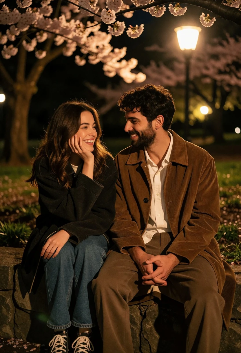 Couple sitting on stone ledge under cherry blossoms at night - AI generated image prompt sample