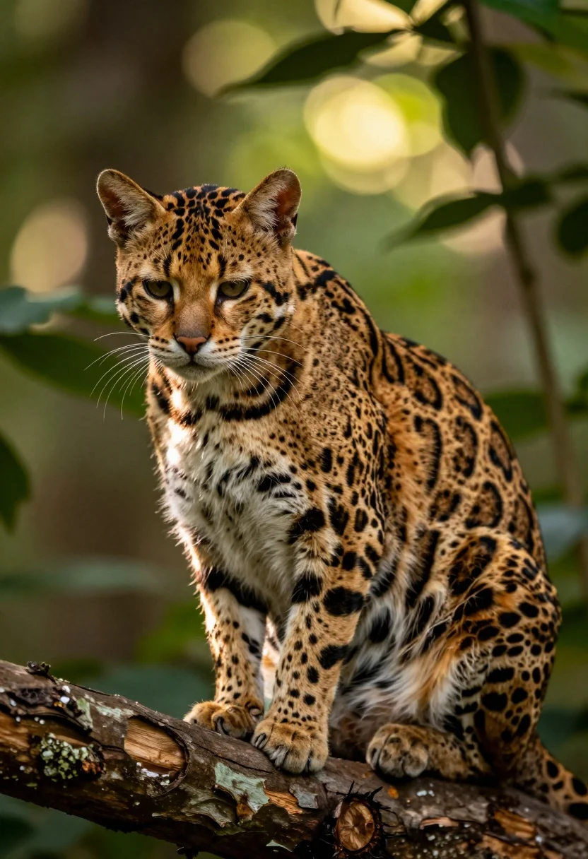 Close up photograph of spotted wild cat on branch in sun dappled - AI generated image prompt sample