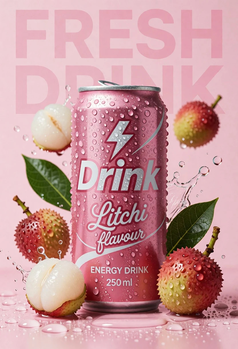 Pink energy drink can surrounded by litchis and green leaves on wet - AI generated image prompt sample