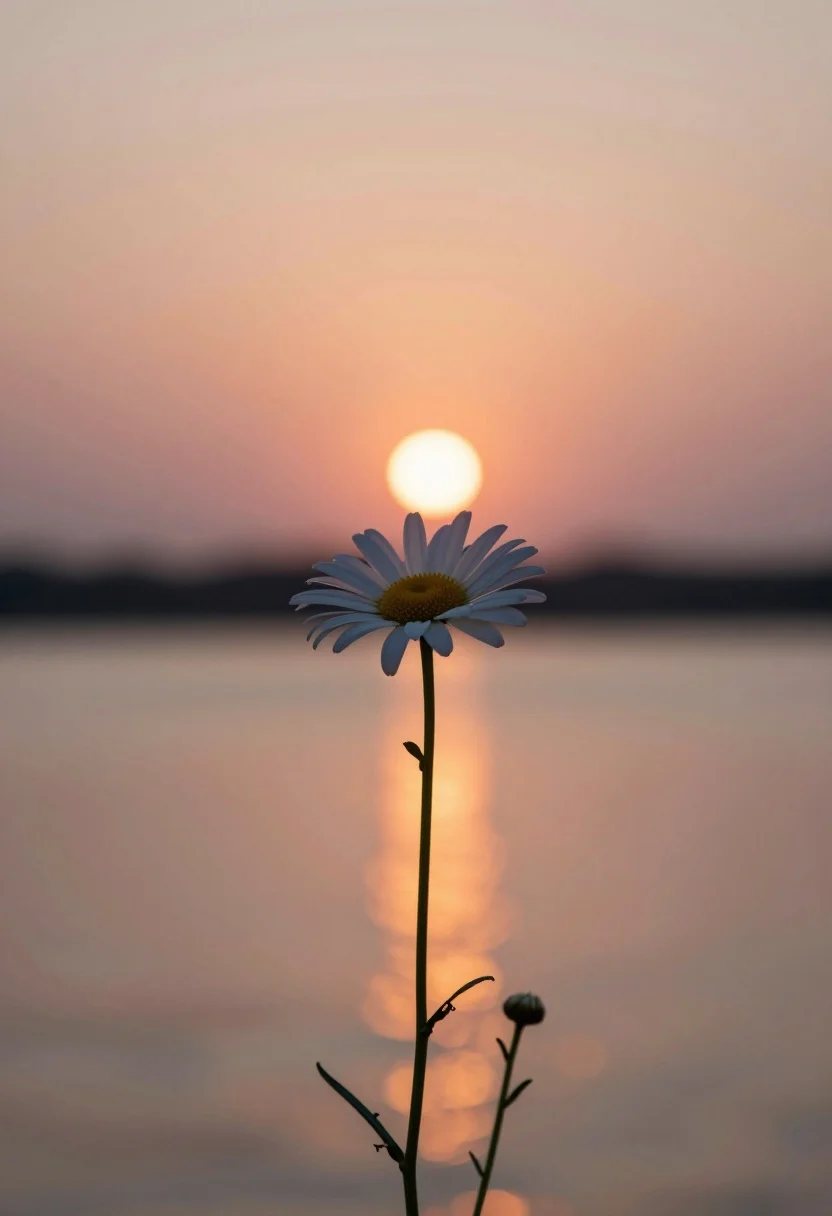 Solitary white daisy in sharp focus against soft sunset over tranquil water - AI generated image prompt sample