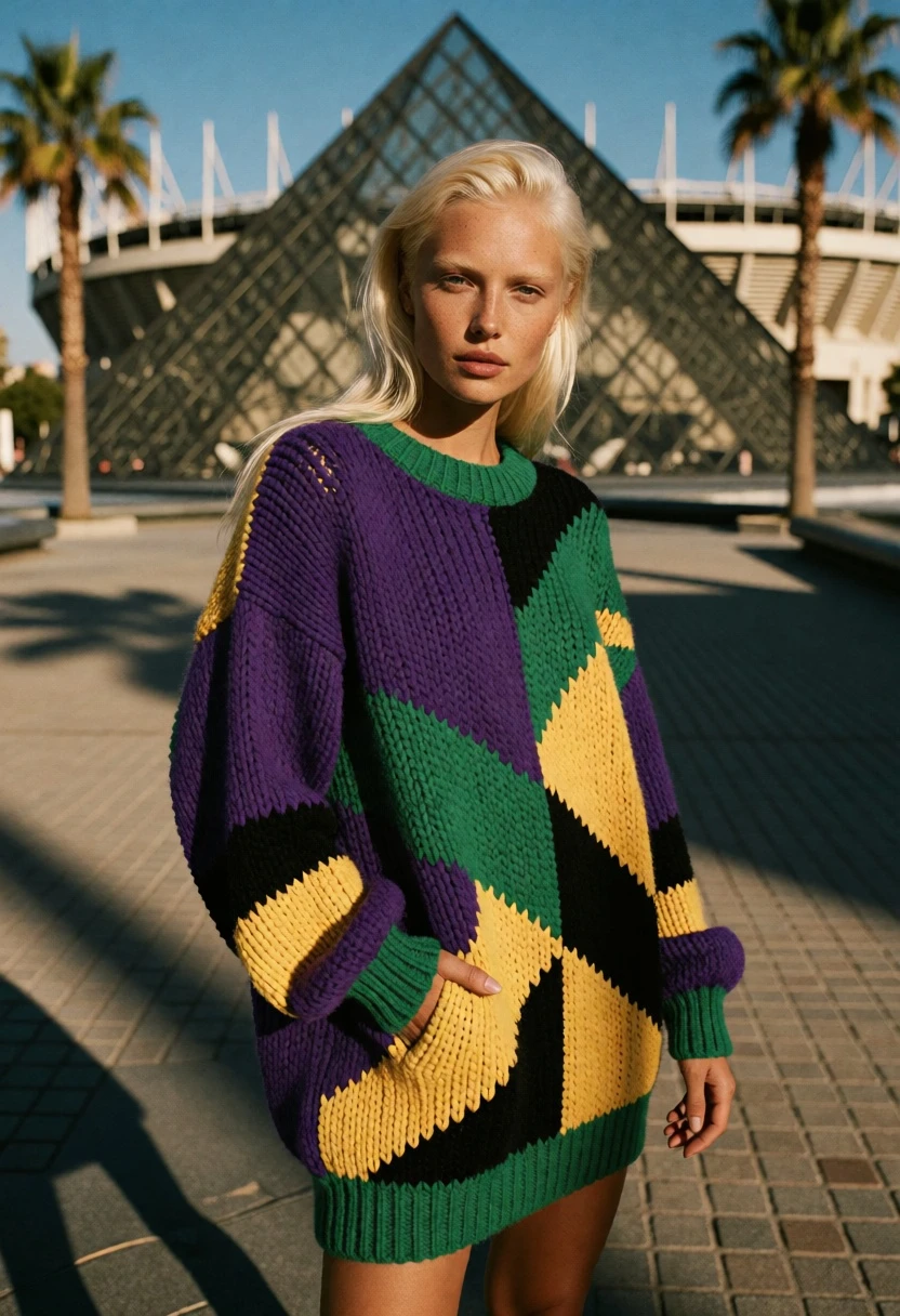 Blonde woman in patterned knit dress before glass pyramid plaza - AI generated image prompt sample