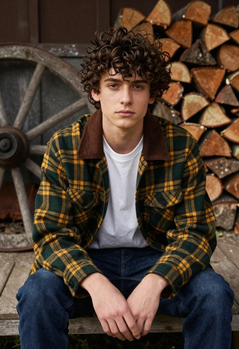 Young man sitting outdoors near firewood and wooden wagon wheel - AI generated image prompt sample