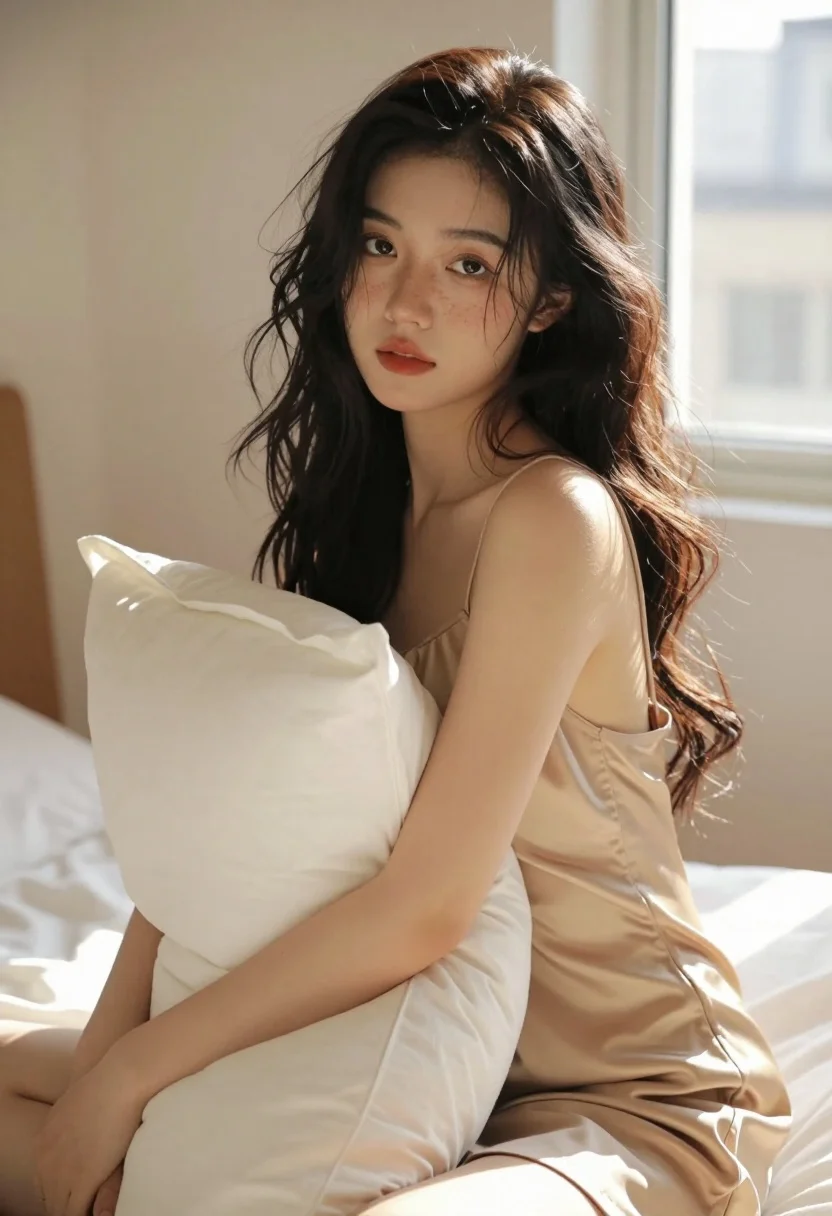 Young woman in light slip dress sitting on bed hugging pillow indoors - AI generated image prompt sample