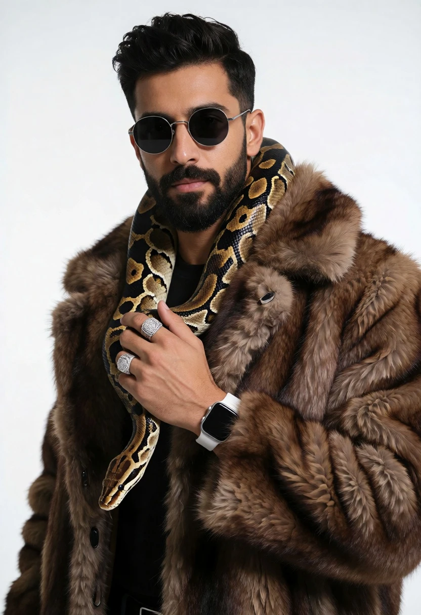 Man in brown fur coat holding snake against plain white studio background - AI generated image prompt sample
