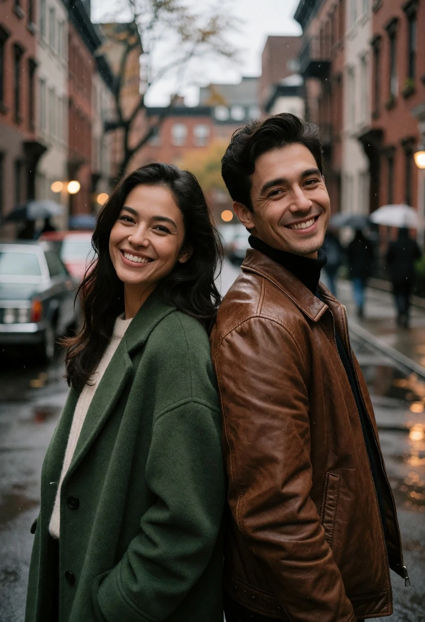 Couple standing backtoback on a wet city street under overcast daylight - AI generated image prompt sample