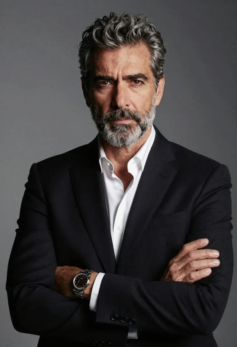 Portrait of middle aged man in black suit jacket - AI generated image prompt sample
