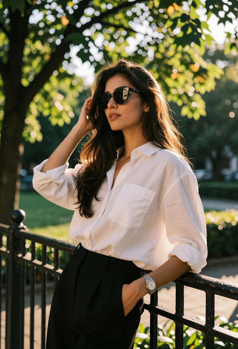 Stylish young woman leaning on railing in park during golden hour sunlight - AI generated image prompt sample