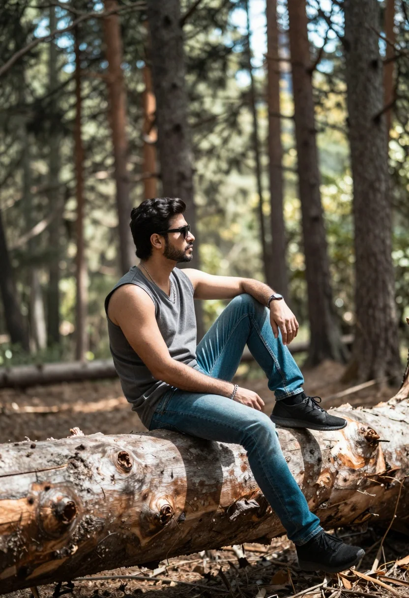Man sitting on fallen log in sundappled pine forest background - AI generated image prompt sample