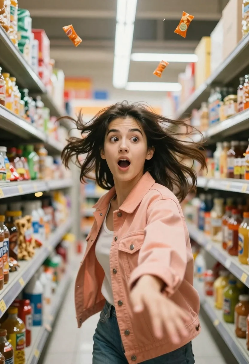 Young woman in grocery store aisle with motion blur