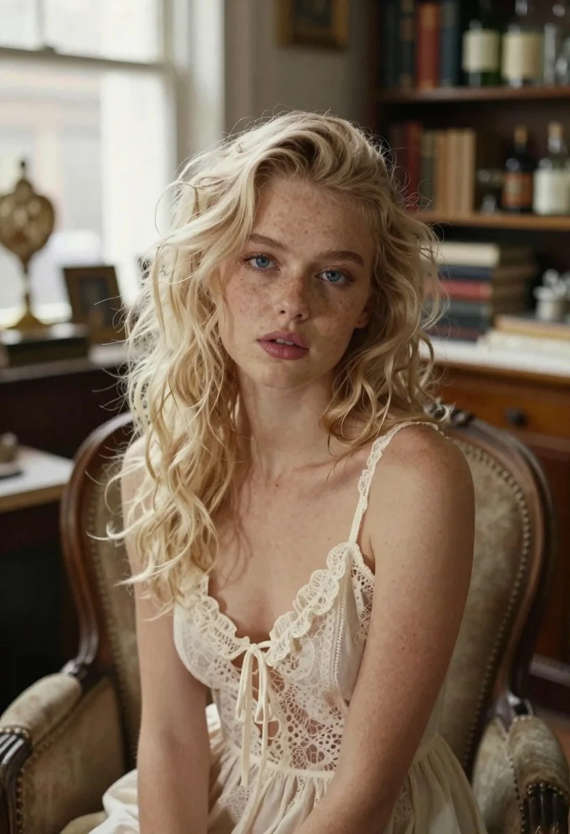 Blonde woman in lace camisole armchair with freckles - AI generated image prompt sample