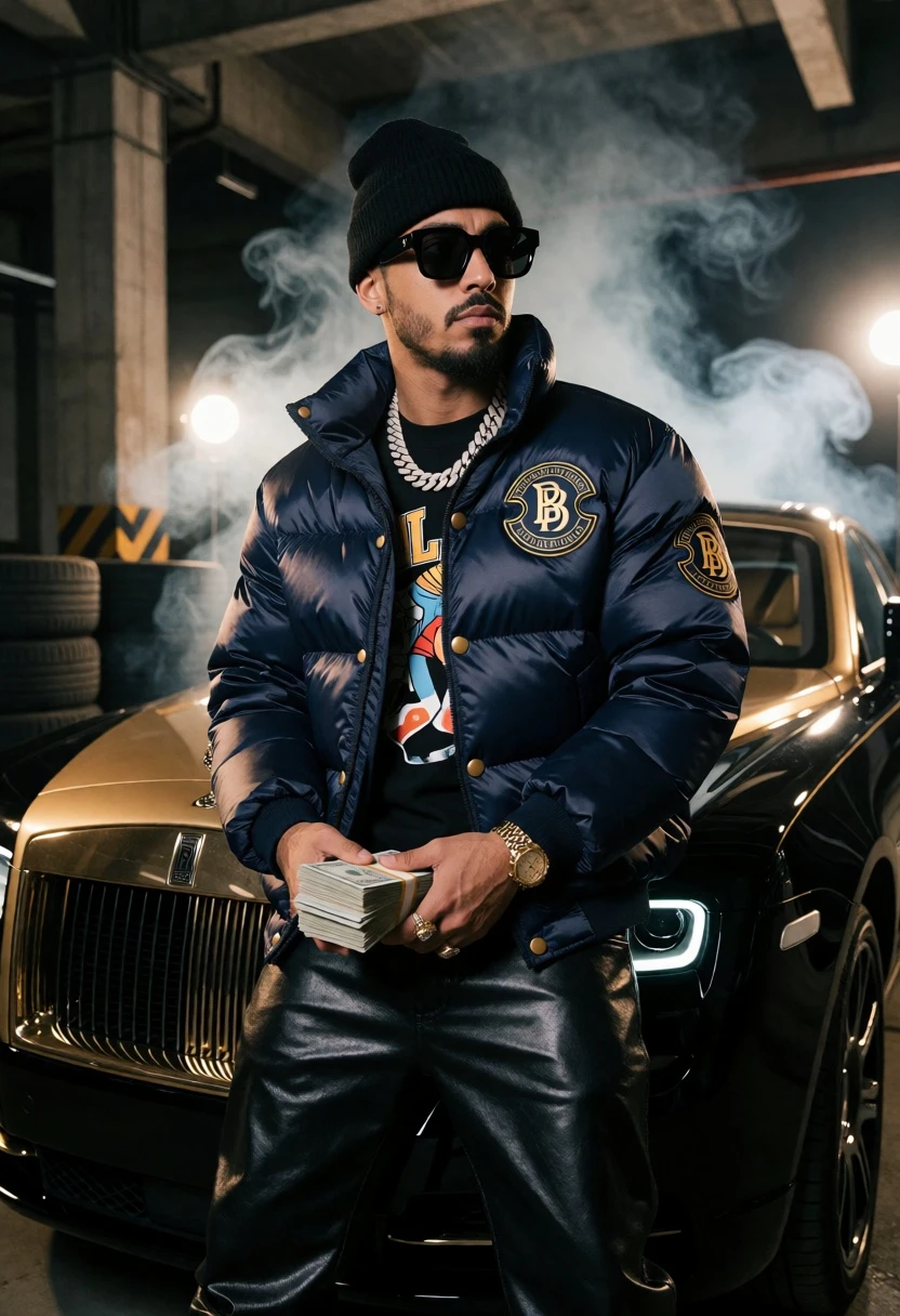 Man standing by black luxury car holding cash in industrial warehouse setting - AI generated image prompt sample