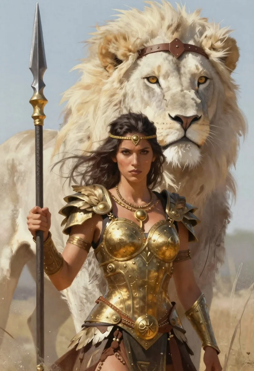 Warrior woman with spear and white lion in fantasy setting