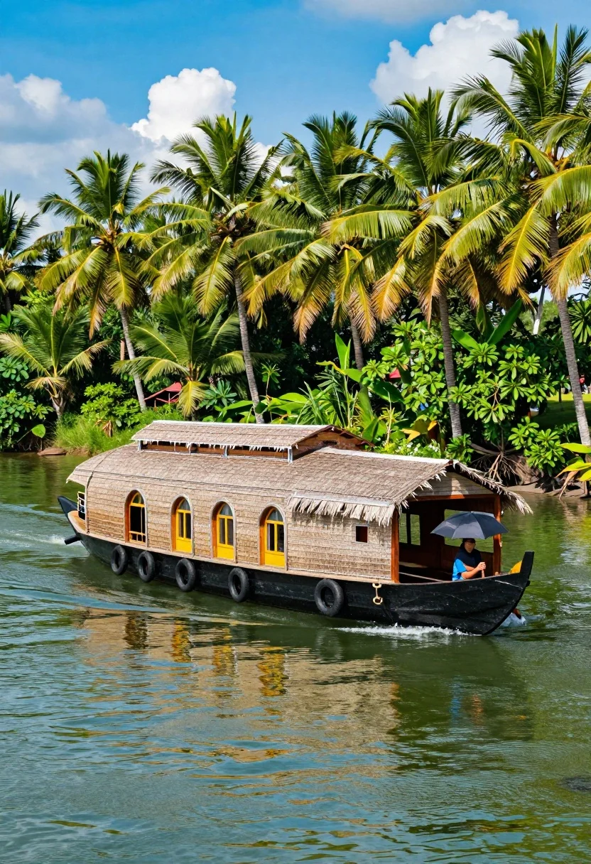 Traditional wooden houseboat moving slowly through a lush green tropical waterway - AI generated image prompt sample