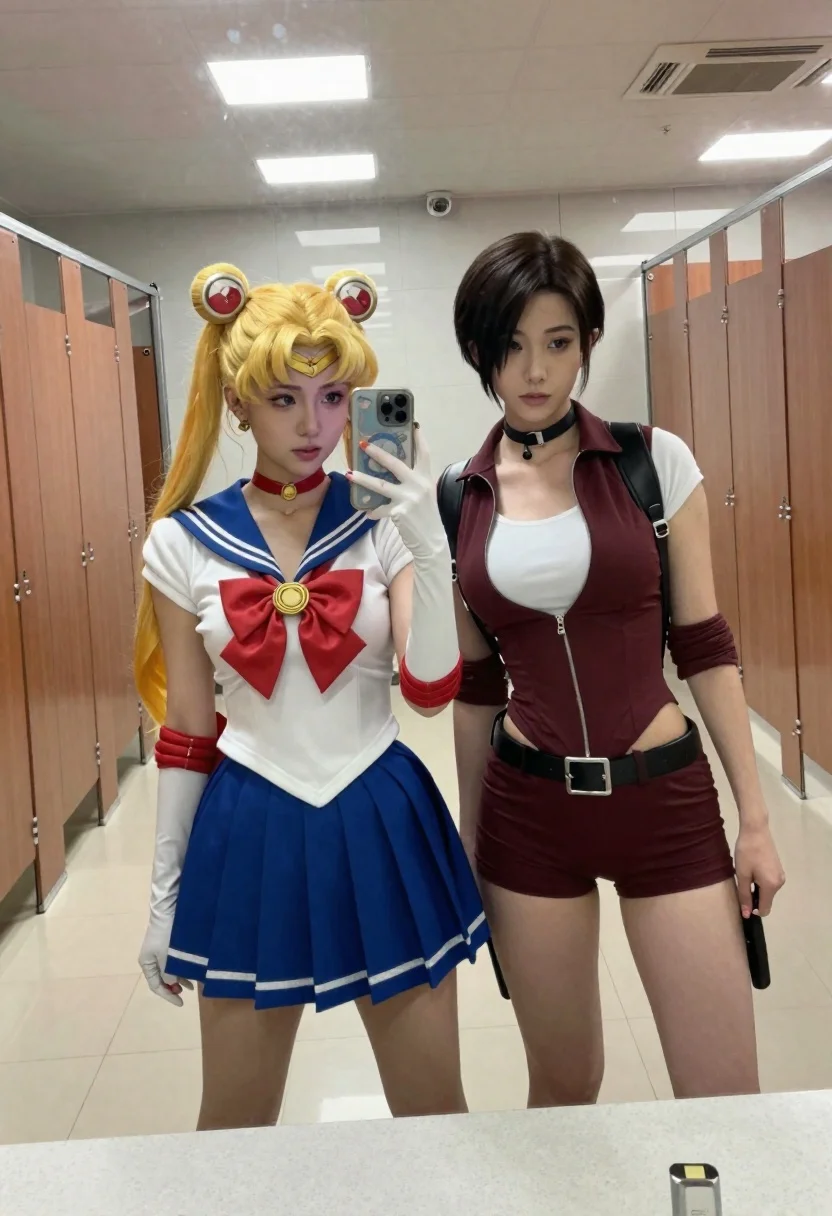 Two women cosplaying in a locker room - AI generated image prompt sample