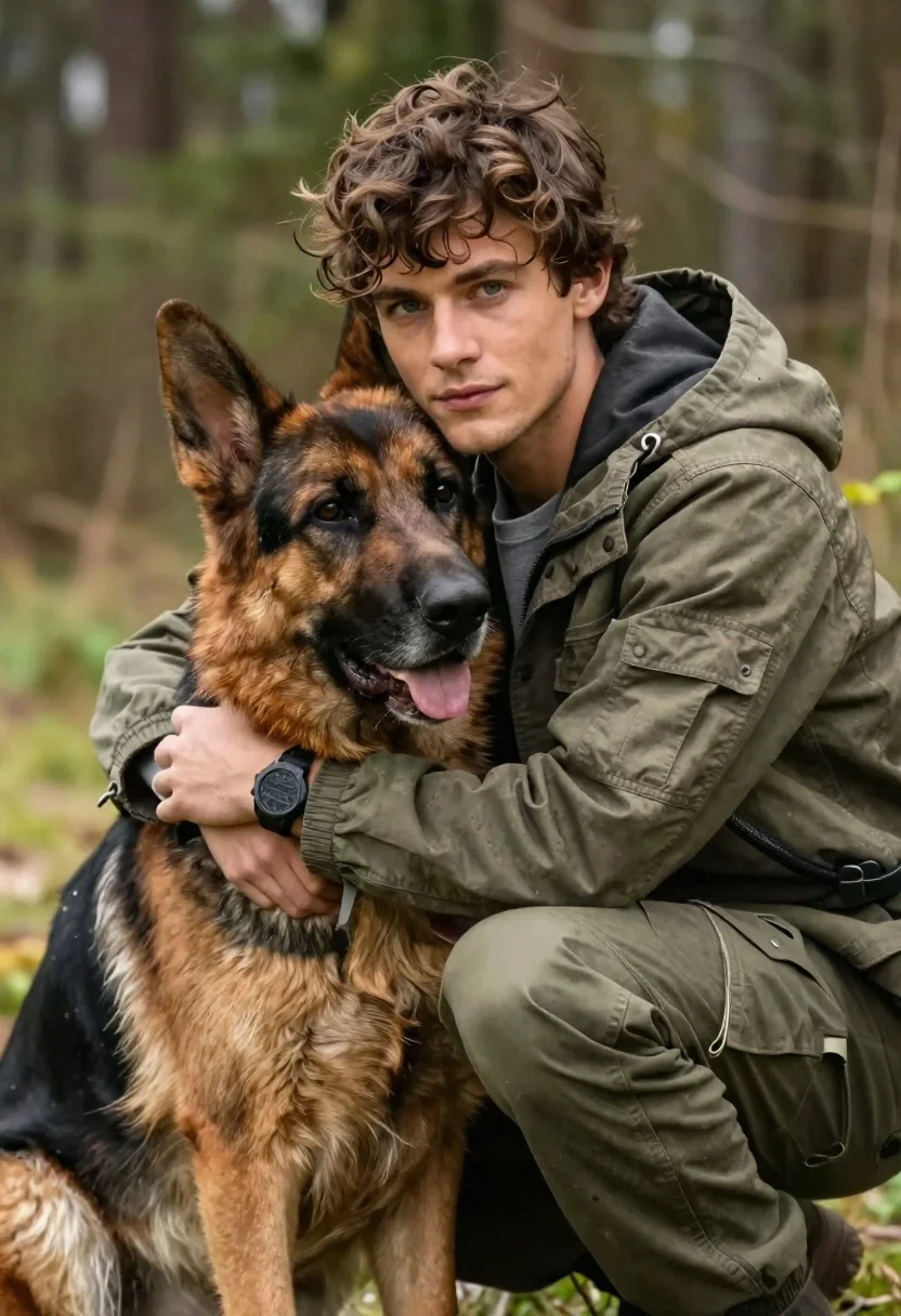 Young man with brown hair embracing a german shepherd in forest - AI generated image prompt sample