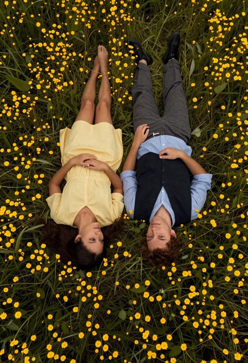 Couple lying in field of yellow flowers viewed from directly above - AI generated image prompt sample