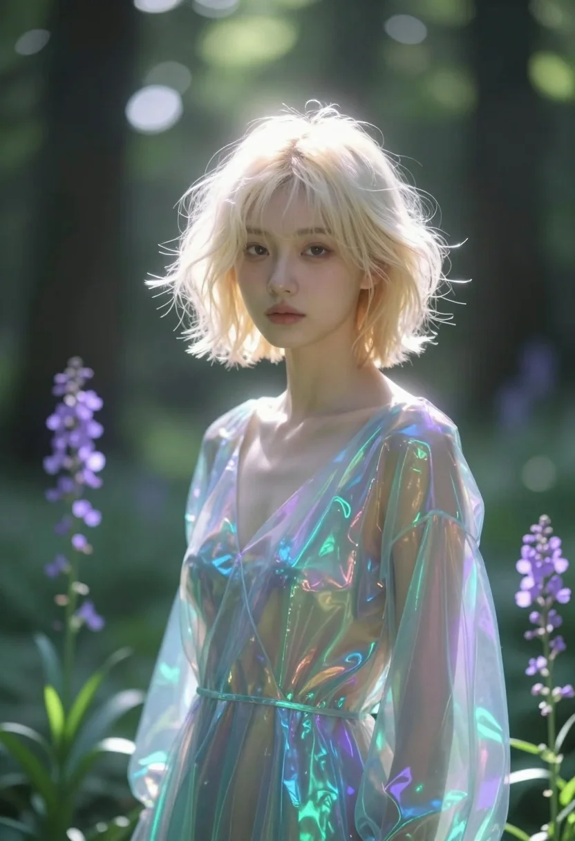 Young woman in iridescent garment standing in sundappled lush green forest - AI generated image prompt sample